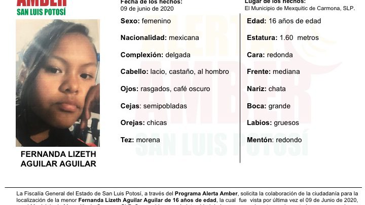 FGESLP ACTIVA ALERTA AMBER PARA LOCALIZAR A MENOR DE 16 AÑOS