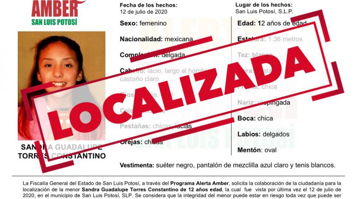 FGE DESACTIVA ALERTA AMBER PARA NIÑA DE 12 AÑOS DE EDAD EN SLP