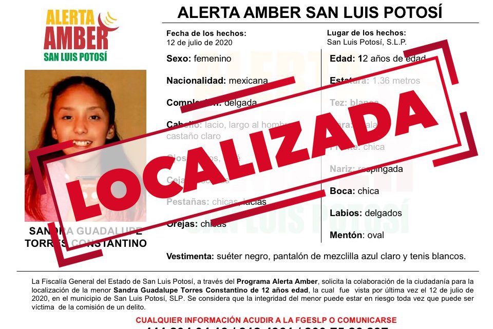 FGE DESACTIVA ALERTA AMBER PARA NIÑA DE 12 AÑOS DE EDAD EN SLP