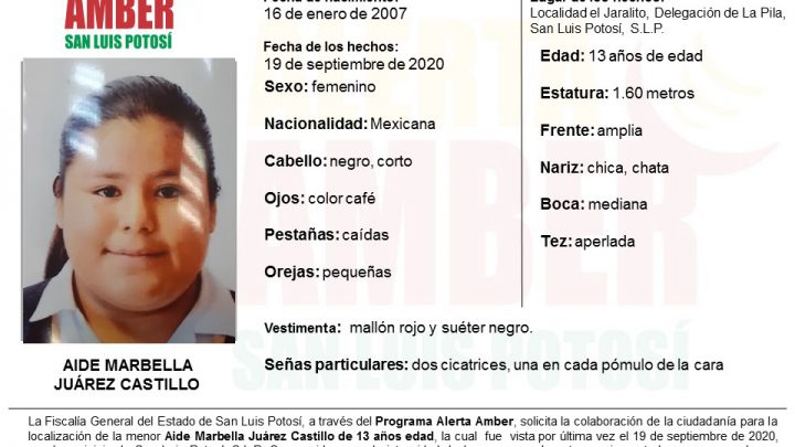 FISCALÍA ACTIVA ALERTA AMBER PARA UNA MENOR DE 13 AÑOS EN SLP