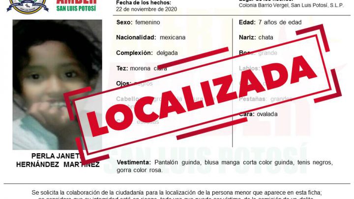 FGESLP DESACTIVA ALERTA AMBER DE NIÑA DE 7 AÑOS