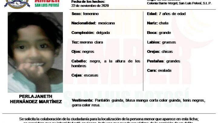 FGE ACTIVA ALERTA AMBER PARA LOCALIZAR A NIÑA DE 7 AÑOS EN SLP