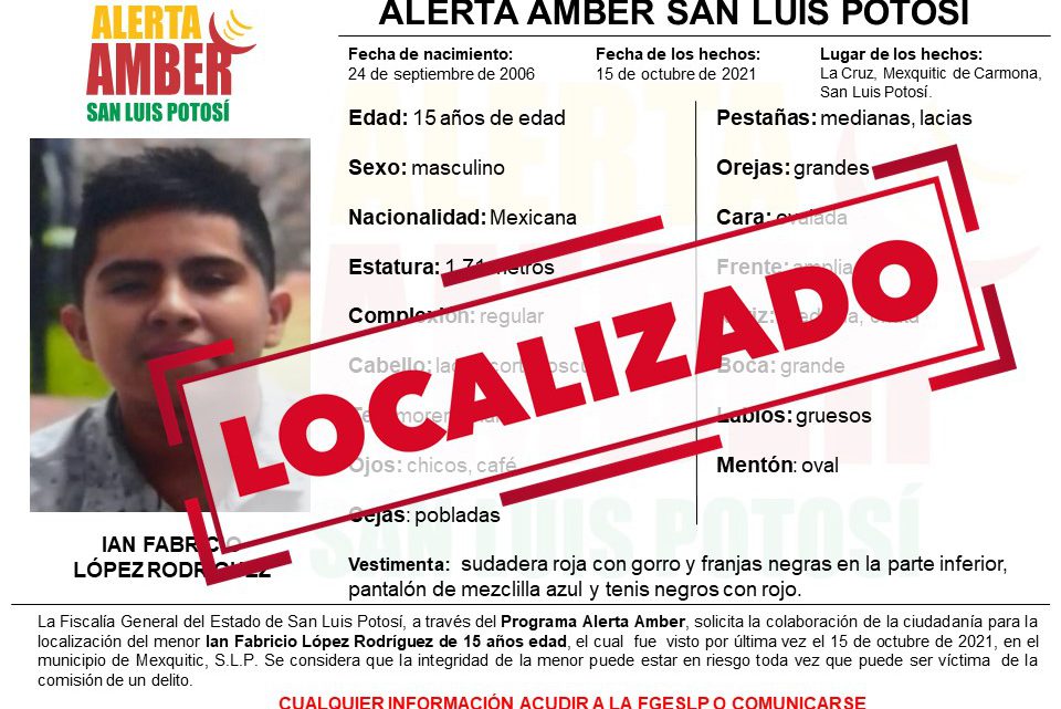 LOCALIZA FGESLP A MENOR DE 15 AÑOS QUE TENÍA ALERTA AMBER LOCALIZA FGESLP A MENOR DE 15 AÑOS QUE TENÍA ALERTA AMBER