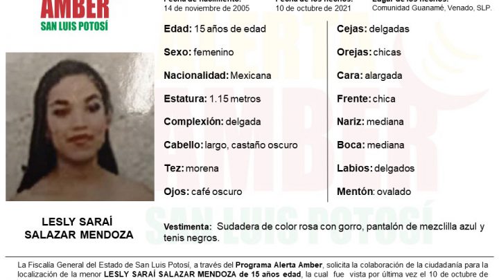 ACTIVA FGE ALERTA AMBER PARA LOCALIZAR A MENOR DE 15 AÑOS