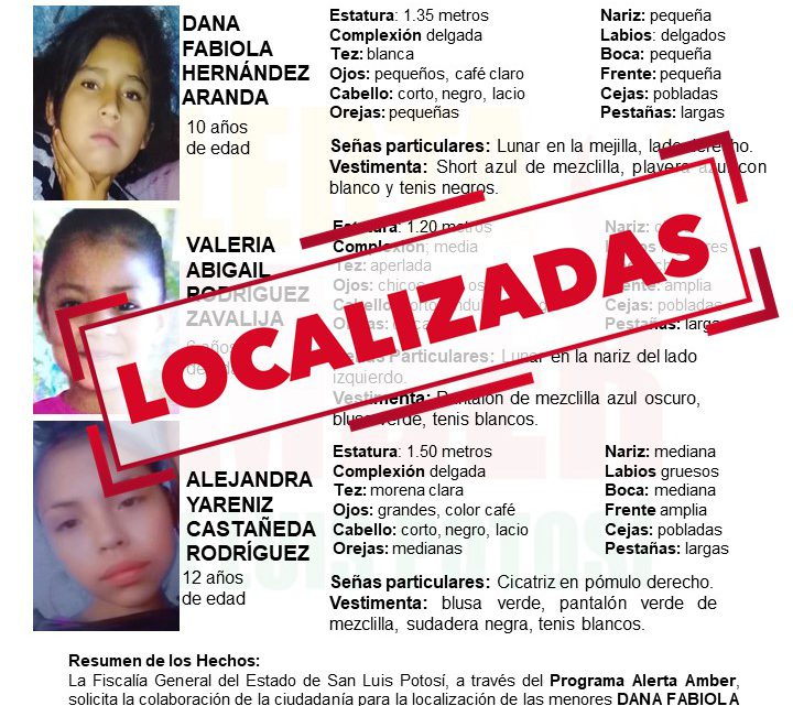 ALERTA AMBER LOCALIZA A TRES NIÑAS BUSCADAS EN SLP ALERTA AMBER LOCALIZA A TRES NIÑAS BUSCADAS EN SLP