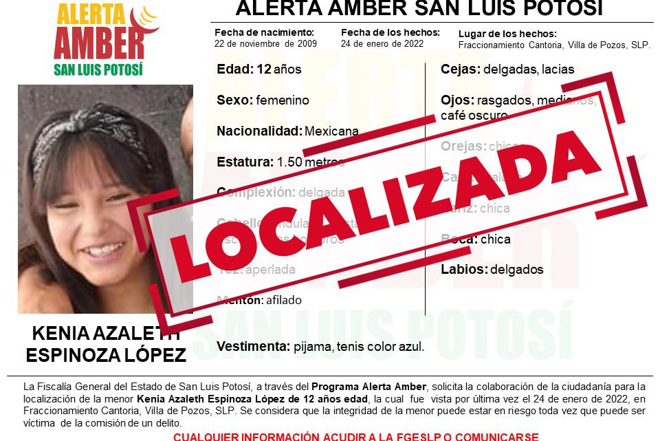 FGE LOCALIZA A NIÑA DE 12 AÑOS QUE CONTABA CON ALERTA AMBER EN SLP FGE LOCALIZA A NIÑA DE 12 AÑOS QUE CONTABA CON ALERTA AMBER EN SLP