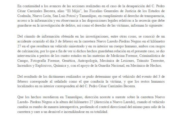 COMUNICADO CONJUNTO FISCALÍAS DE TAMAULIPAS, SAN LUIS POTOSÍ, NUEVO LEÓN Y COAHUILA