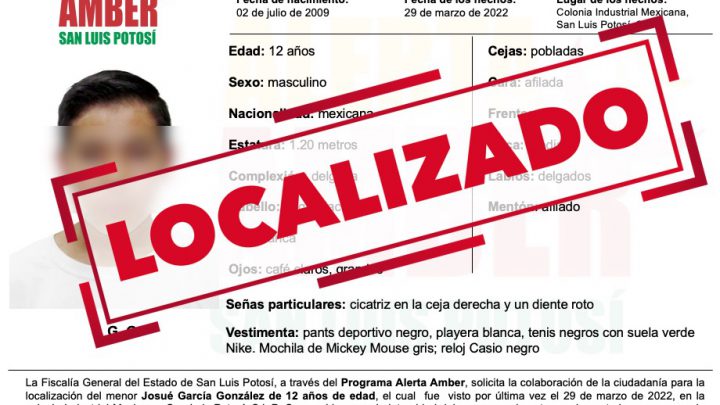 FISCALÍA LOCALIZA A NIÑO DE 12 AÑOS QUE TENÍA ALERTA AMBER EN SLP