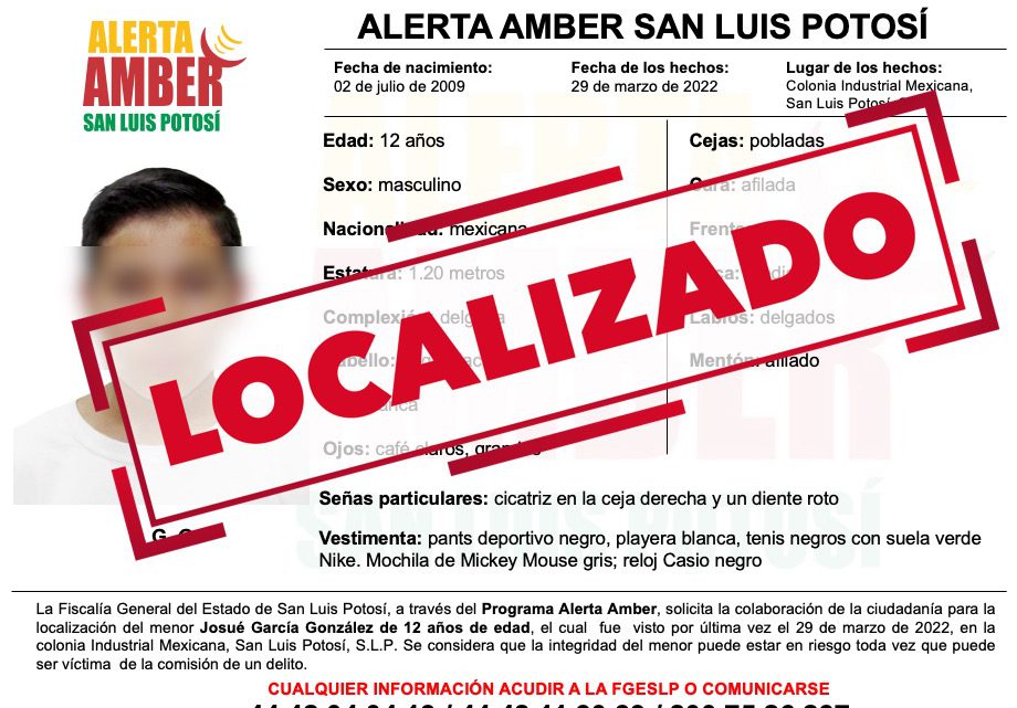 FISCALÍA LOCALIZA A NIÑO DE 12 AÑOS QUE TENÍA ALERTA AMBER EN SLP FISCALÍA LOCALIZA A NIÑO DE 12 AÑOS QUE TENÍA ALERTA AMBER EN SLP