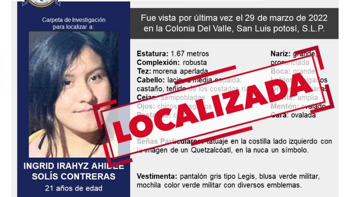 LOCALIZAN A MUJER DE 21 AÑOS CON FICHA DE BÚSQUEDA EN SLP