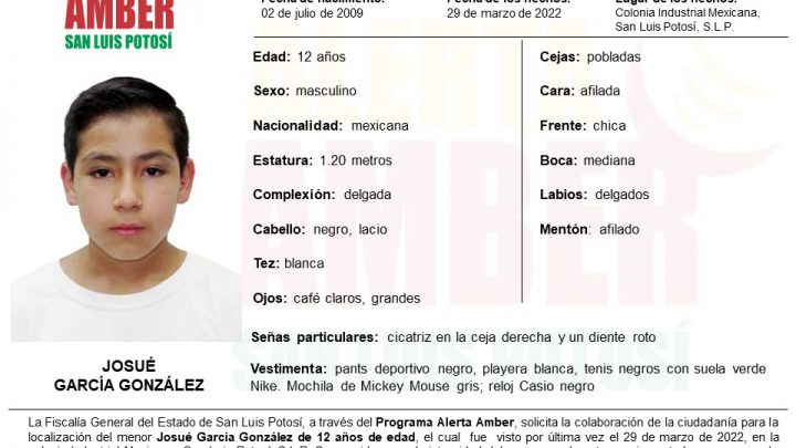 FGE DE SLP SE COORDINA CON QUERÉTARO PARA LOCALIZACIÓN DE NIÑO DE 12 AÑOS CON ALERTA AMBER