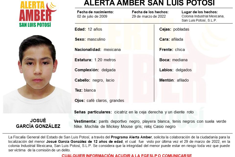 FGE DE SLP SE COORDINA CON QUERÉTARO PARA LOCALIZACIÓN DE NIÑO DE 12 AÑOS CON ALERTA AMBER FGE DE SLP SE COORDINA CON QUERÉTARO PARA LOCALIZACIÓN DE NIÑO DE 12 AÑOS CON ALERTA AMBER