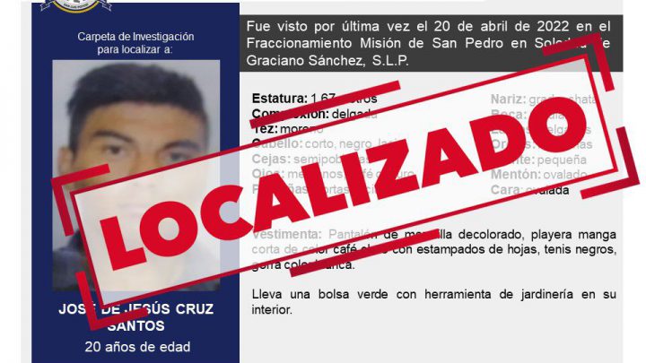 FGE REPORTA LOCALIZACIÓN DE UN HOMBRE DE 20 AÑOS EN SAN LUIS POTOSÍ
