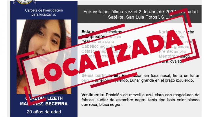 LOCALIZA FGE A UNA MUJER DE 20 AÑOS BUSCADA EN SLP