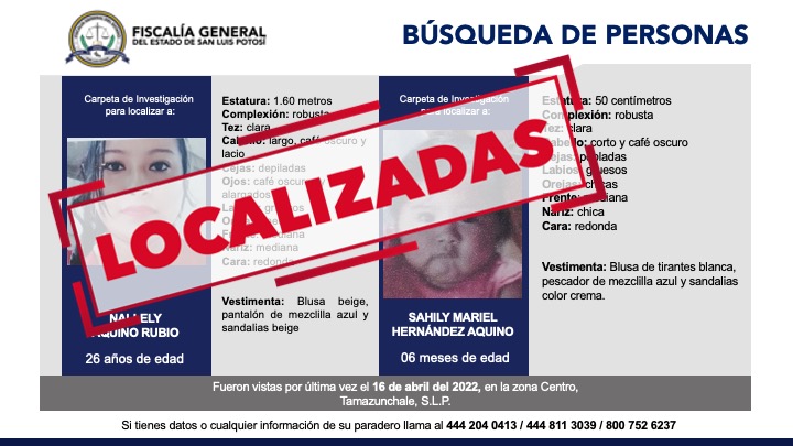 FISCALÍA LOCALIZA A UNA MUJER Y SU HIJA TRAS SER BUSCADAS EN TAMAZUNCHALE