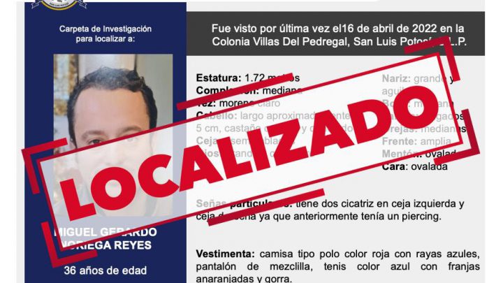 FGE REPORTA LOCALIZACIÓN DE UNA PERSONA DE 36 AÑOS EN SAN LUIS POTOSÍ.