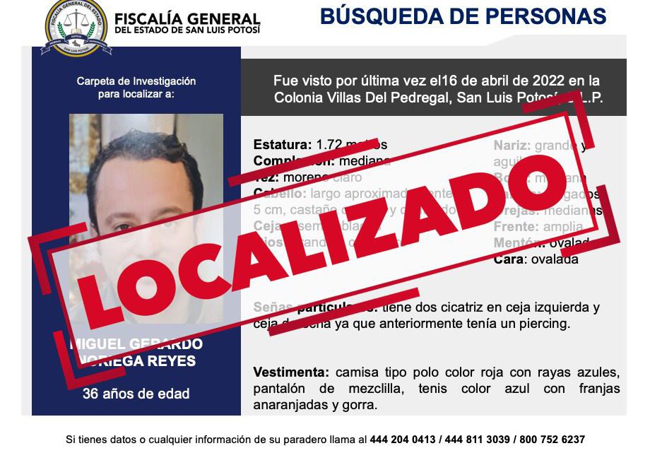 FGE REPORTA LOCALIZACIÓN DE UNA PERSONA DE 36 AÑOS EN SAN LUIS POTOSÍ. FGE REPORTA LOCALIZACIÓN DE UNA PERSONA DE 36 AÑOS EN SAN LUIS POTOSÍ.