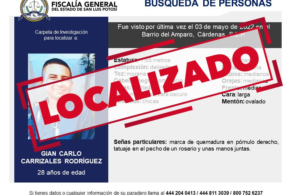 JOVEN DE CÁRDENAS FUE LOCALIZADO POR LA FGE JOVEN DE CÁRDENAS FUE LOCALIZADO POR LA FGE