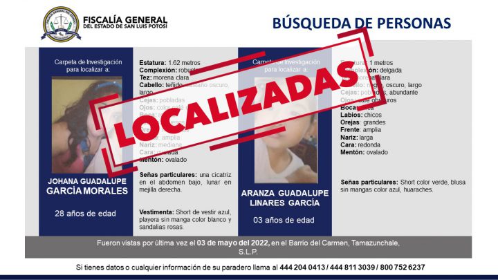 FISCALÍA LOCALIZA A MADRE E HIJA CON FICHA DE BÚSQUEDA EN TAMAZUNCHALE