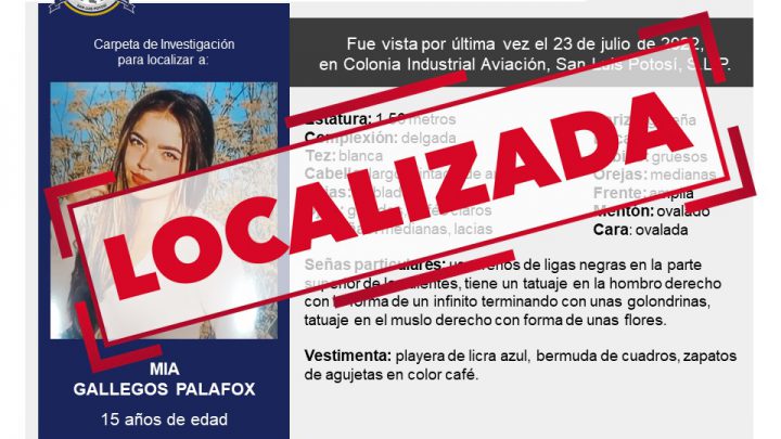 FISCALÍA LOCALIZA A ADOLESCENTE DE 15 AÑOS BUSCADA EN SLP