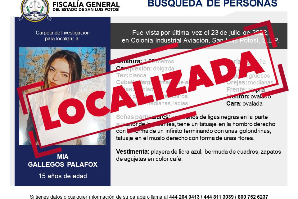FISCALÍA LOCALIZA A ADOLESCENTE DE 15 AÑOS BUSCADA EN SLP FISCALÍA LOCALIZA A ADOLESCENTE DE 15 AÑOS BUSCADA EN SLP