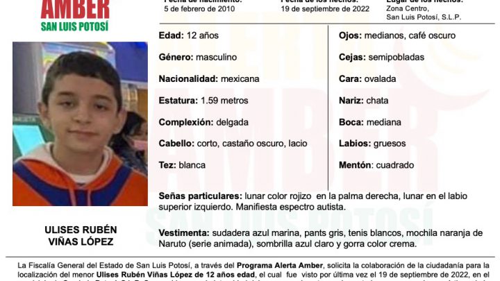 FISCALÍA ACTIVA ALERTA AMBER PARA LOCALIZAR A NIÑO DE 12 AÑOS