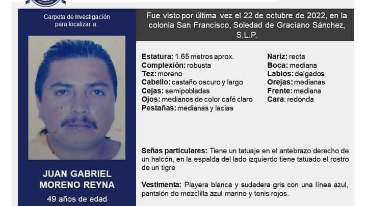 FGE DE SLP MANTIENE ACCIONES PARA LOCALIZAR A UN HOMBRE DE SGS