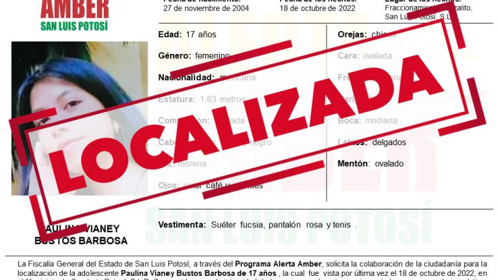 FGE LOCALIZA A ADOLESCENTE CON ALERTA AMBER EN SLP