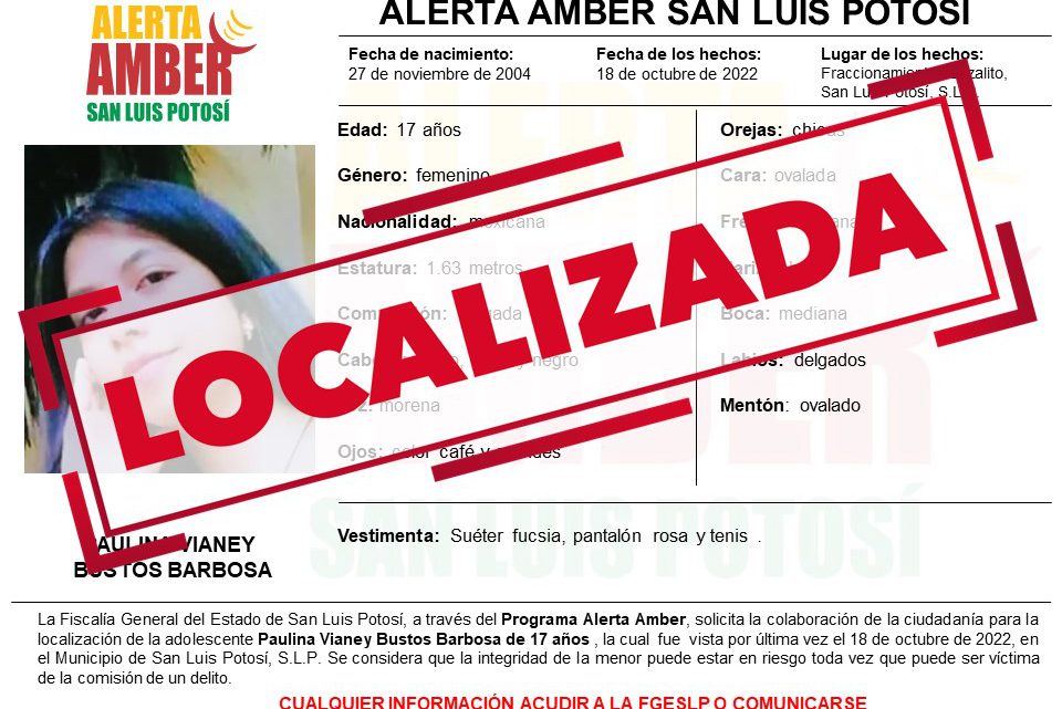FGE LOCALIZA A ADOLESCENTE CON ALERTA AMBER EN SLP FGE LOCALIZA A ADOLESCENTE CON ALERTA AMBER EN SLP
