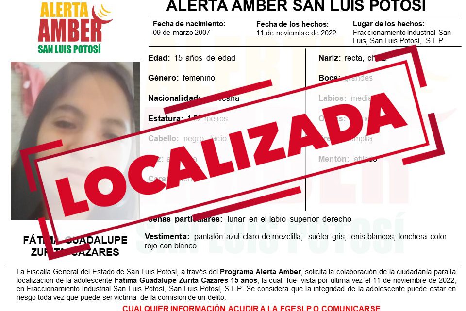 LOCALIZA FGE A ADOLESCENTE CON ALERTA AMBER EN SLP LOCALIZA FGE A ADOLESCENTE CON ALERTA AMBER EN SLP