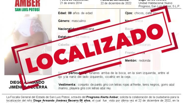 FGE DESACTIVA ALERTA AMBER DE NIÑO DE 8 AÑOS EN SLP