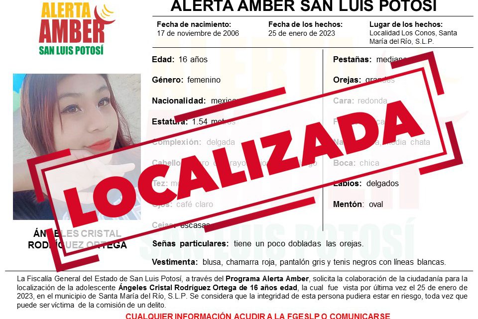 LOCALIZA FISCALÍA A JOVEN DE 16 AÑOS BUSCADA MEDIANTE ALERTA AMBER EN SANTA MARÍA DEL RÍO LOCALIZA FISCALÍA A JOVEN DE 16 AÑOS BUSCADA MEDIANTE ALERTA AMBER EN SANTA MARÍA DEL RÍO