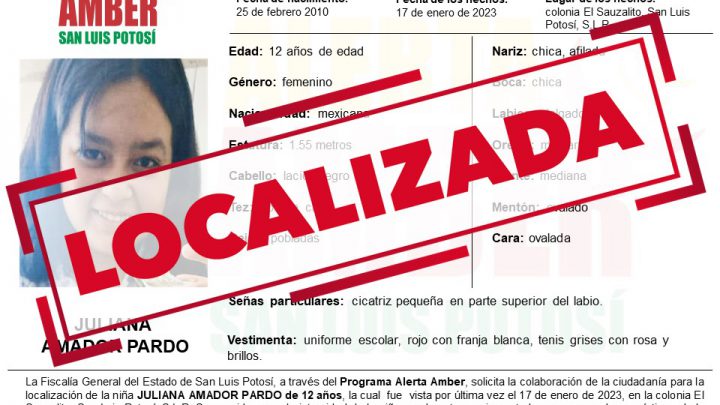 FGE DESACTIVA ALERTA AMBER DE NIÑA DE 12 AÑOS EN SLP