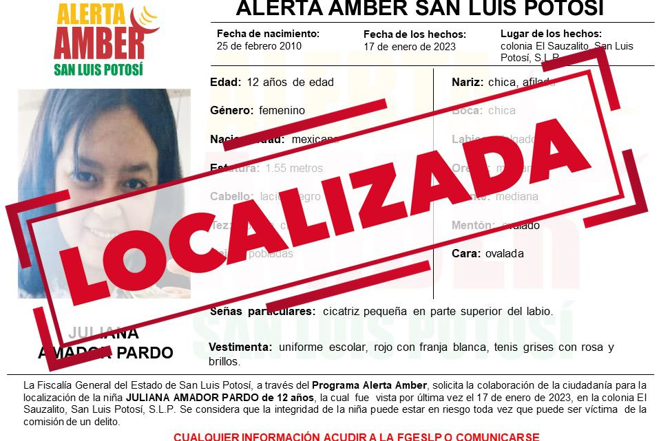 FGE DESACTIVA ALERTA AMBER DE NIÑA DE 12 AÑOS EN SLP FGE DESACTIVA ALERTA AMBER DE NIÑA DE 12 AÑOS EN SLP