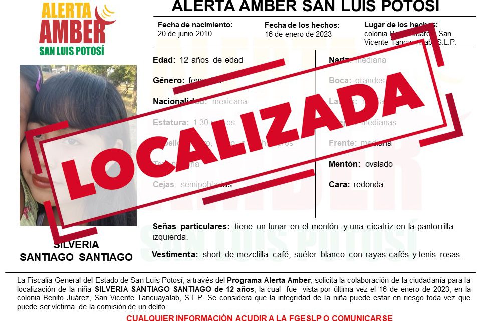 LOCALIZA FGE A NIÑA DE 12 AÑOS QUE TENÍA ALERTA AMBER EN SAN VICENTE TANCUAYALAB LOCALIZA FGE A NIÑA DE 12 AÑOS QUE TENÍA ALERTA AMBER EN SAN VICENTE TANCUAYALAB