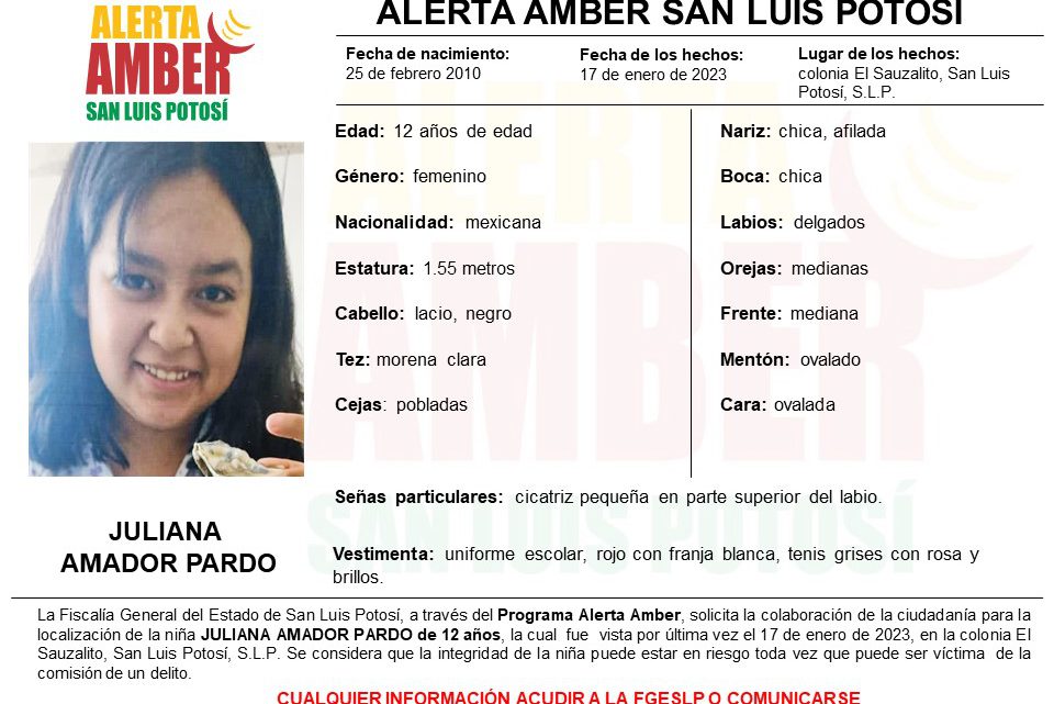 FGE ACTIVA ALERTA AMBER PARA NIÑA DE 12 AÑOS DE SLP CAPITAL FGE ACTIVA ALERTA AMBER PARA NIÑA DE 12 AÑOS DE SLP CAPITAL