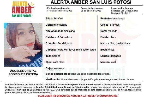 FISCALÍA ACTIVA ALERTA AMBER PARA ADOLESCENTE DE SANTA MARÍA DEL RÍO