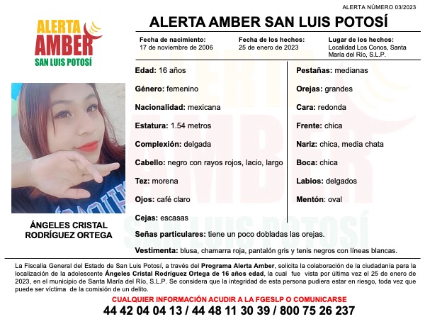 FISCALÍA ACTIVA ALERTA AMBER PARA ADOLESCENTE DE SANTA MARÍA DEL RÍO FISCALÍA ACTIVA ALERTA AMBER PARA ADOLESCENTE DE SANTA MARÍA DEL RÍO
