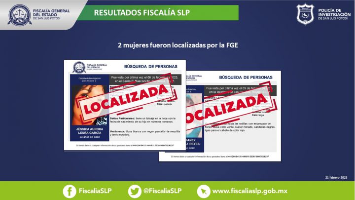 FGE LOCALIZA A DOS MUJERES CON FICHA DE BÚSQUEDA EN SAN LUIS POTOSÍ