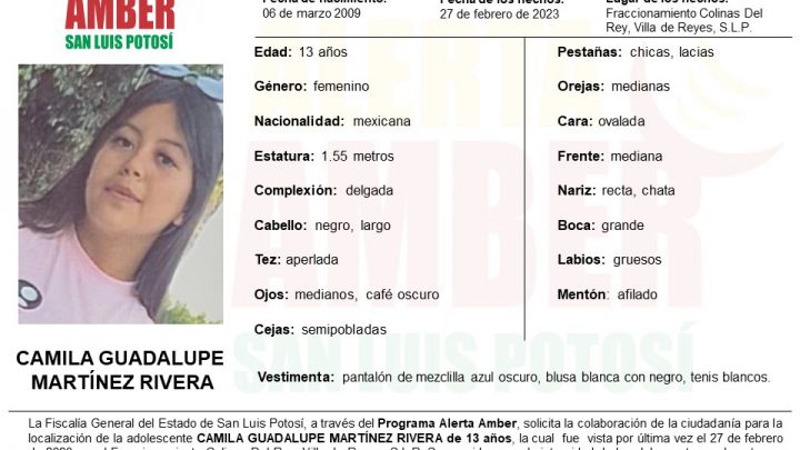 FISCALÍA ACTIVA ALERTA AMBER PARA ADOLESCENTE DE 13 AÑOS EN VILLA DE REYES