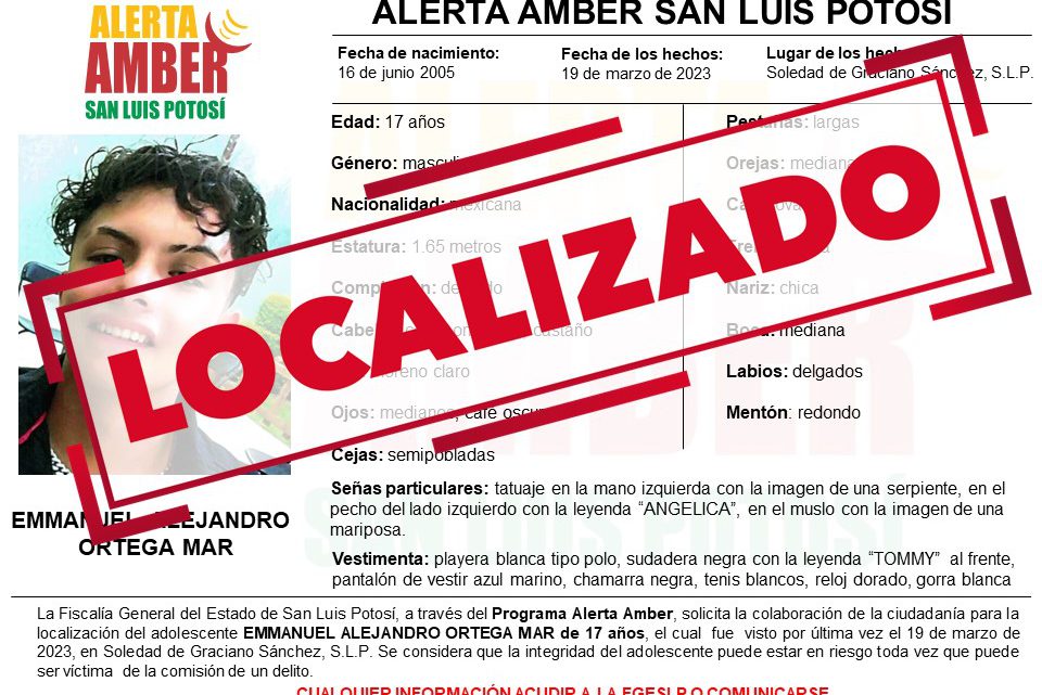 DESACTIVA FGE ALERTA AMBER PARA ADOLESCENTE DE SGS DESACTIVA FGE ALERTA AMBER PARA ADOLESCENTE DE SGS