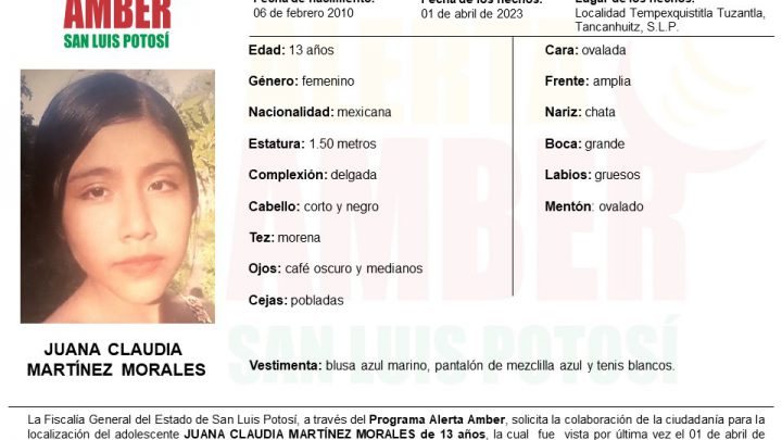 FISCALÍA ACTIVA ALERTA AMBER PARA ADOLESCENTE DE TANCANHUITZ