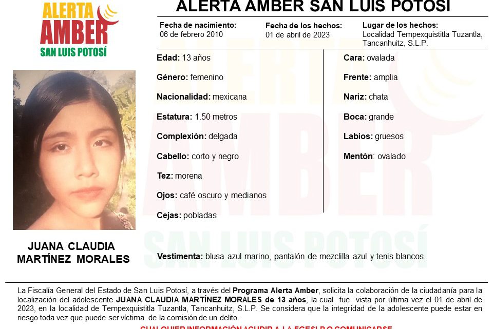 FISCALÍA ACTIVA ALERTA AMBER PARA ADOLESCENTE DE TANCANHUITZ FISCALÍA ACTIVA ALERTA AMBER PARA ADOLESCENTE DE TANCANHUITZ