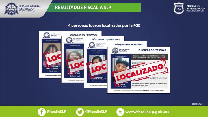 CUATRO PERSONAS CON FICHA DE BÚSQUEDA FUERON LOCALIZADAS POR LA FISCALÍA EN SLP
