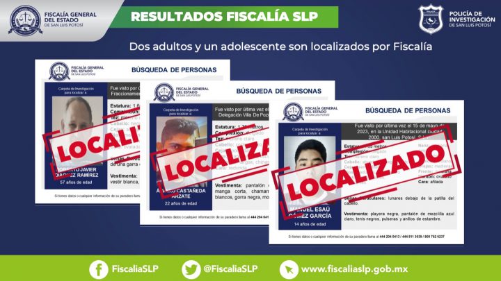 UN ADOLESCENTE Y DOS HOMBRES FUERON LOCALIZADOS, TRAS SER BUSCADOS EN SLP