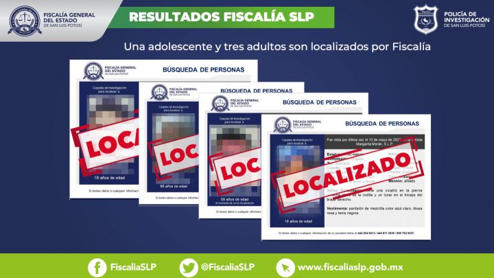 CUATRO PERSONAS REGRESARON CON SU FAMILIA, LUEGO DE SER LOCALIZADAS: FISCALÍA DE SLP