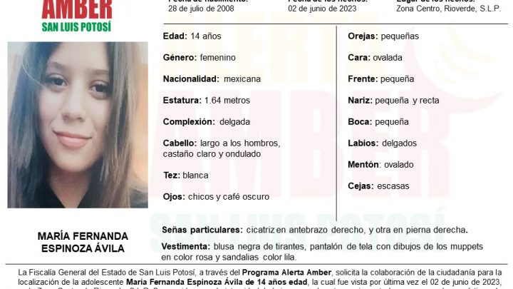 PARA LOCALIZAR A UNA ADOLESCENTE DE RIOVERDE, FISCALÍA POTOSINA ACTIVA FICHA DE ALERTA AMBER
