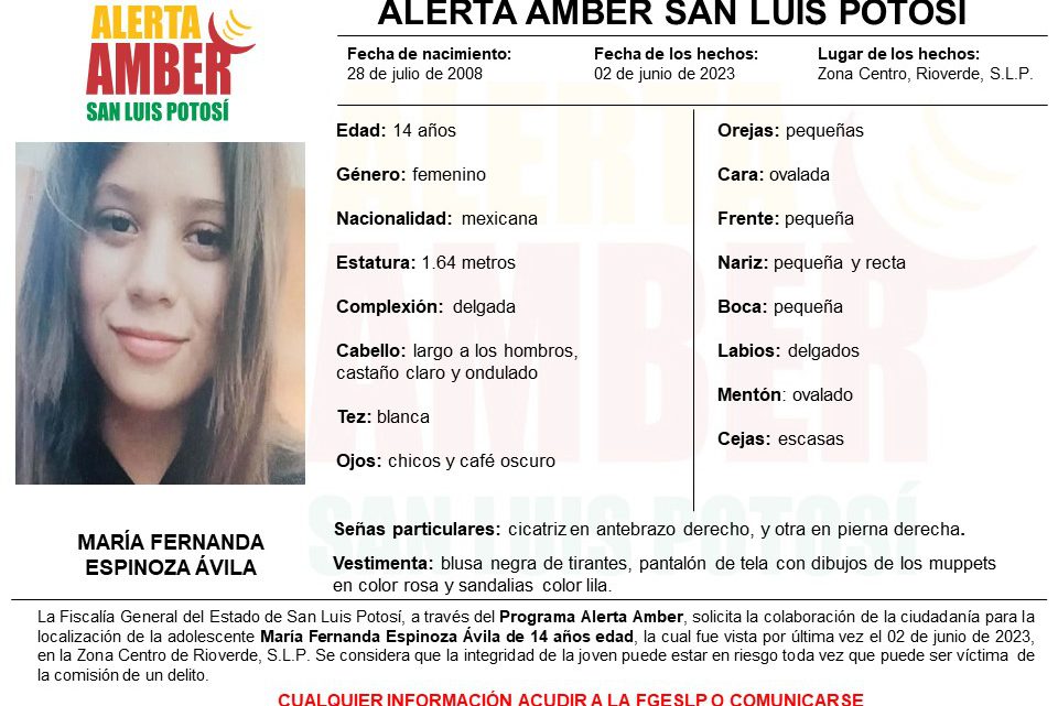 PARA LOCALIZAR A UNA ADOLESCENTE DE RIOVERDE, FISCALÍA POTOSINA ACTIVA FICHA DE ALERTA AMBER PARA LOCALIZAR A UNA ADOLESCENTE DE RIOVERDE, FISCALÍA POTOSINA ACTIVA FICHA DE ALERTA AMBER