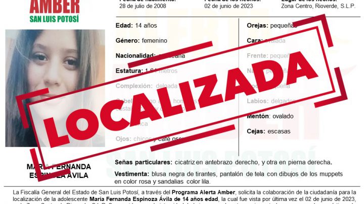 ADOLESCENTE BUSCADA MEDIANTE ALERTA AMBER FUE YA LOCALIZADA, SANA Y A SALVO, POR FISCALÍA DE SLP