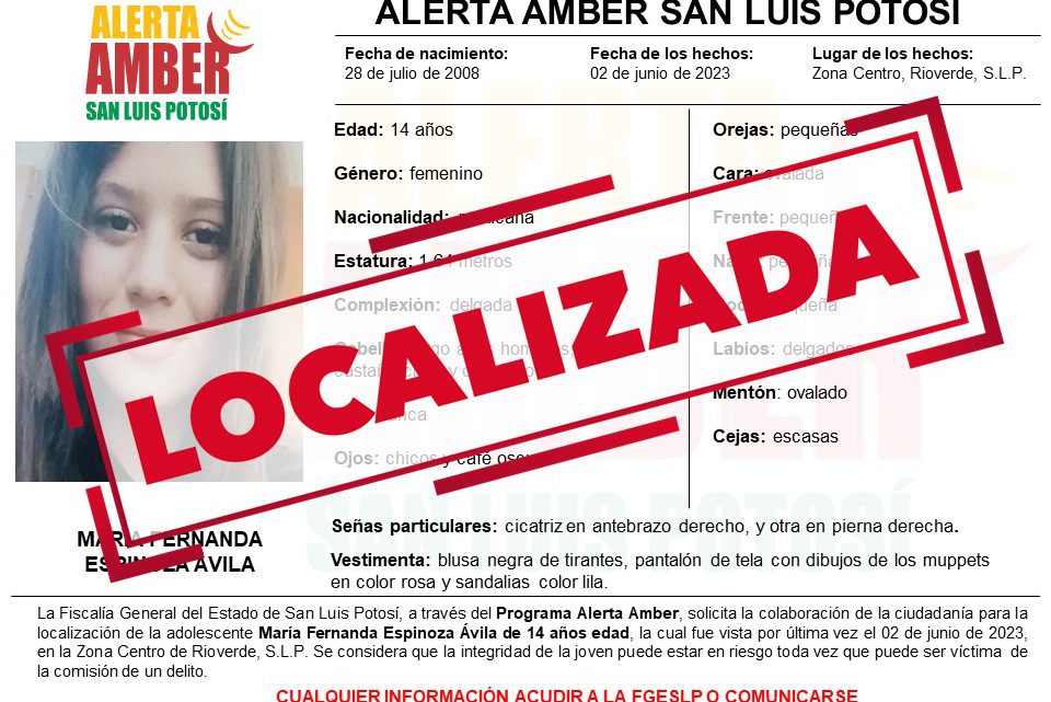 ADOLESCENTE BUSCADA MEDIANTE ALERTA AMBER FUE YA LOCALIZADA, SANA Y A SALVO, POR FISCALÍA DE SLP ADOLESCENTE BUSCADA MEDIANTE ALERTA AMBER FUE YA LOCALIZADA, SANA Y A SALVO, POR FISCALÍA DE SLP